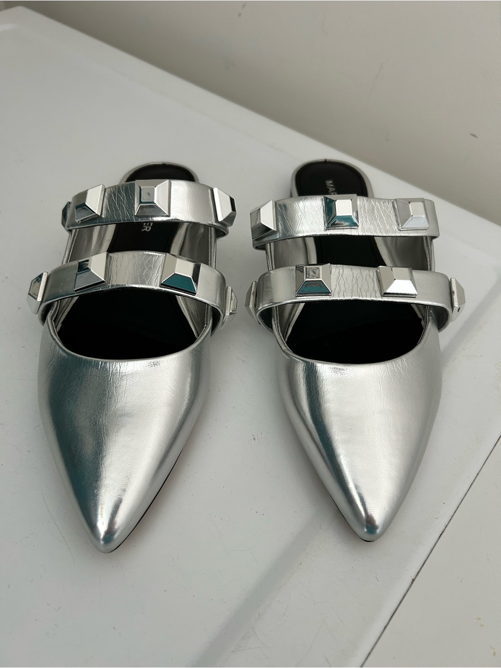 Marc Fisher Searli Silver Pointed Toe Mules Size 7.5